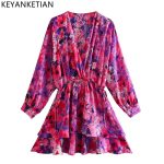 KEYANKETIAN-Women-Fashion-V-Neck-Floral-Print-Double-Layer-Ruffles-A-Line-Mini-Shirt-Dress-Female