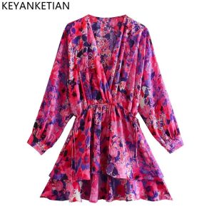 KEYANKETIAN-Women-Fashion-V-Neck-Floral-Print-Double-Layer-Ruffles-A-Line-Mini-Shirt-Dress-Female