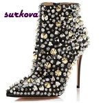 Stiletto-Heeled-Pointy-Toe-Side-Zipper-Women-s-Booties-Black-Rivet-Rhinestone-Ankle-Boots-Solid-Bling-2