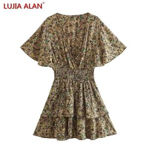 Summer-New-Women-s-Retro-Printed-Cascading-Ruffle-Dress-Female-Casual-Flare-Sleeve-Elastic-Waist-Mini