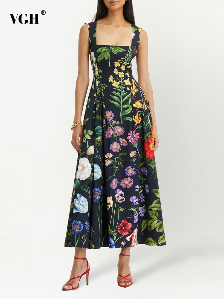 VGH-Vintage-Print-Floral-Dress-For-Women-Square-Collar-Sleeveless-High-Waist-Backless-Colorblock-Midi-Dresses