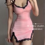 WOMENGAGA-New-V-neck-Pink-Thin-Split-Lace-Sexy-Skinny-Hip-Strap-Tank-Mini-Party-Dress-1
