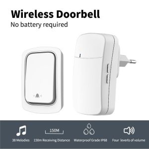 Wireless-Self-Generated-IP44-Level-Waterproof-Plug-Free-Battery-Free-Home-Electronic-Doorbell-Small-White-Remote