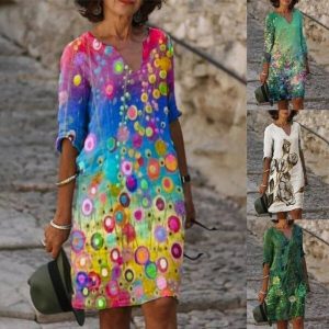 2022-Summer-Fashion-Printed-Half-Sleeve-Ladies-Dress-V-Neck-Loose-Beach-Dress-Everyday-Wear-Dating