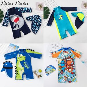 Baby-Swimsuit-One-Piece-Bathing-Suit-Boy-with-Sun-Cap-UPF50-UV-Protection-Long-Sleeve-Dinosaur