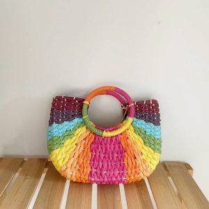 Bohemia-Colourful-Contrasting-Colors-Women-Hand-Woven-Straw-Bag-Round-Handle-Half-Moon-Shape-Ladies-Handbag