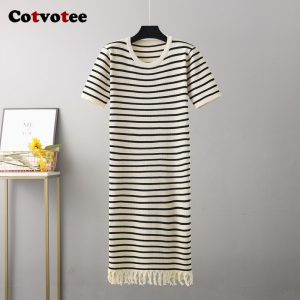 Cotvotee-Striped-Midi-Dress-for-Women-2023-Fashion-Vintage-Short-Sleeves-Loose-Dress-Chic-Casual-O