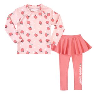 Girl-Two-Pieces-Suit-Swimwear-Children-Long-Sleeve-Long-Pant-Swimsuit-New-2023-Kid-Cute-Peach