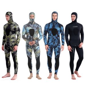 HOT-3mm-Camouflage-Wetsuit-Long-Sleeve-Fission-Hooded-2-Pieces-Of-Neoprene-Submersible-For-Men-Keep