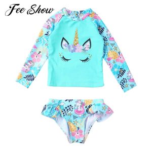Kids-Girls-Brazilian-2Pcs-Swimming-Suit-Swimwear-Long-Sleeve-Cartoon-Horse-Print-Tops-Briefs-Bikinis-Set