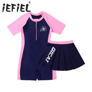 Kids-Girls-Swimsuits-Sets-Beachwear-Outfit-Mock-Neck-Short-Sleeves-Front-Zipper-Short-Swimming-Jumpsuit-with