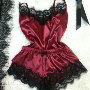 New-Women-s-Pajamas-Silk-Sexy-Pajama-Set-Black-Lace-V-Neck-Pajama-Suspender-Top-and