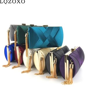 Satin-Criss-Cross-Women-Evening-Bags-Green-Color-Party-Clutch-Bags-Tassel-Golden-Metal-Shoulder-Chain