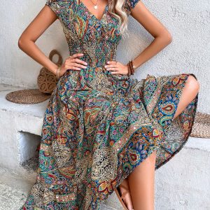 Short-Sleeve-Vintage-Print-Bohemia-Dresses-Elastic-Waist-V-Neck-Maxi-Dress-Casual-Beach-Big-Swing