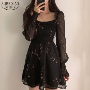 Spring-Womens-Sexy-Black-Dress-Vintage-Flower-Long-Puff-Sleeve-Chiffon-Dresses-Korean-Casual-Mini-Vestidos
