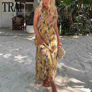 TRAF-2023-Print-Halter-Long-Dress-Women-Summer-Sexy-Backless-Dress-Woman-Knot-Off-Shoulder-Midi