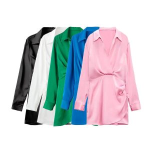 TRAF-Women-Fashion-With-Gathered-Satin-Mini-Dress-Vintage-V-Neck-Long-Sleeve-Female-Dresses-Vestidos