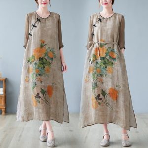 Vintage-Printed-Cotton-Linen-Dress-Women-s-Summer-Button-Temperament-Thin-Long-Skirt