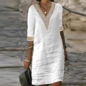 Women-Cotton-Linen-Dress-2023-Summer-Sexy-V-neck-White-Dress-Elegant-Luxury-Casual-Solid-Color